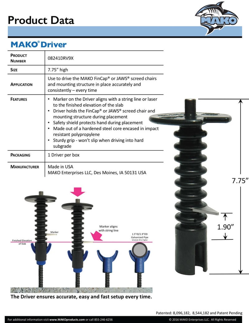 MAKO Driver, one per Pack, Works with The FinCap and Jaws (Large and Small) Concrete Chairs to Set Screed Locations - Establishes Accurate Elevation Control for Concrete Slab Constructionir Driver